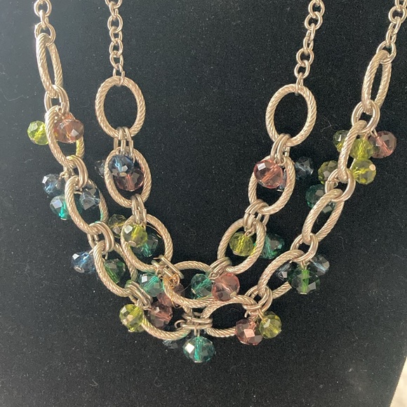 Silvertone double strand collar necklace with faceted rhinestones caged. - Picture 2 of 5